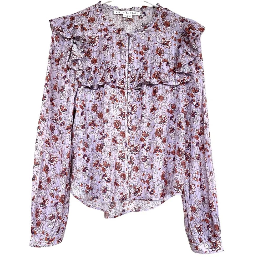 Veronica Beard Lavender Purple Ruffled Floral Long Sleeve Blouse Medium - Picture 4 of 12